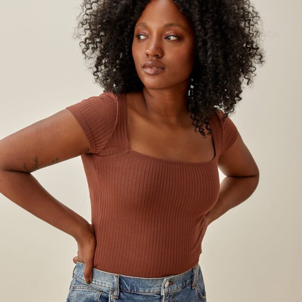 Reformation Square Neck Bardot Tee in Brown